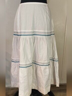 White Tiered Maxi Skirt with Blue Trim - Breezy Summer Style